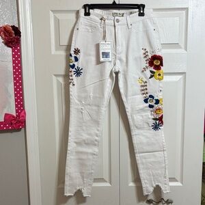 Indigo Rein White Straight Leg Jeans with Floral Embroidery